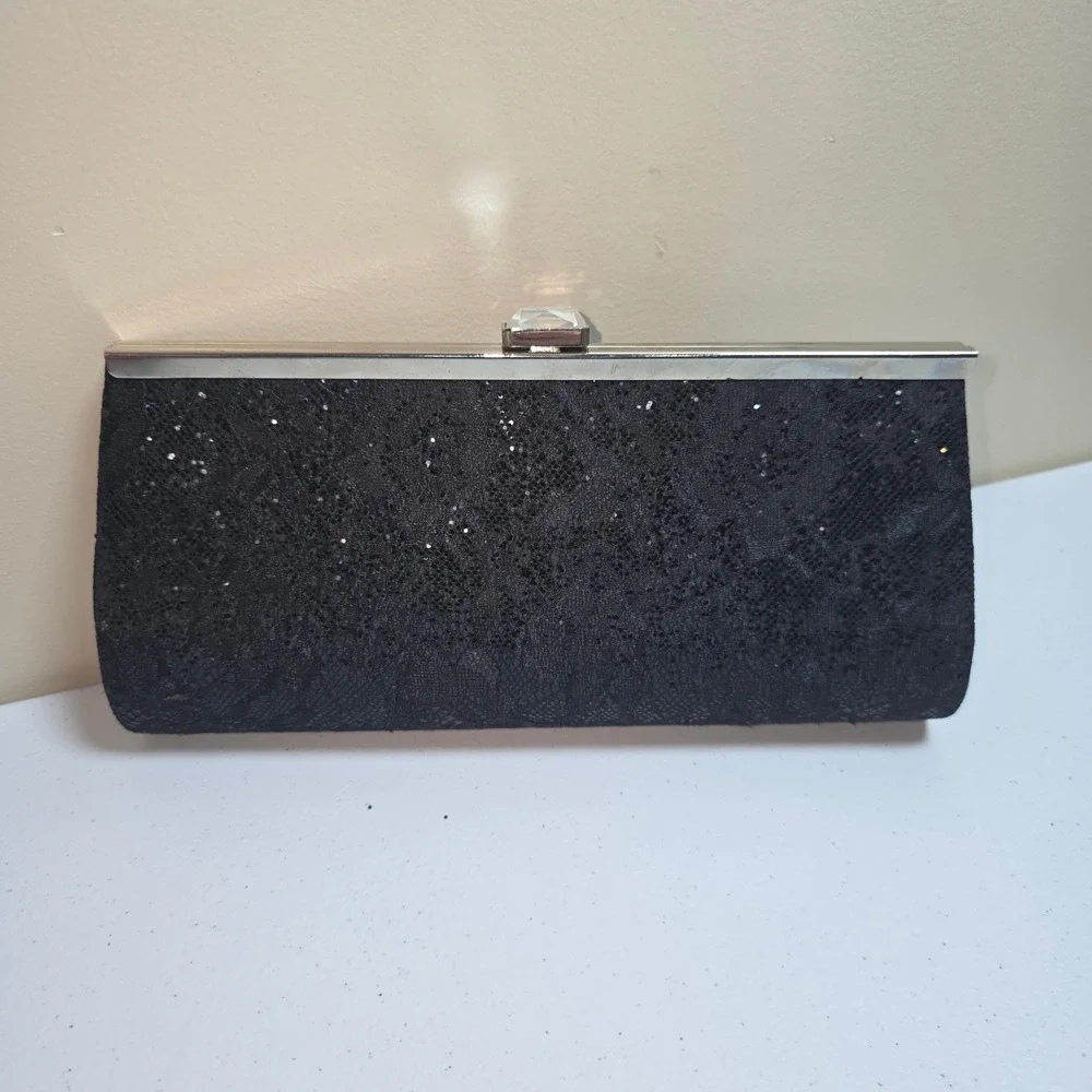 Black Lace Glitter‎ Evening Clutch Bag Silver Frame Jewel Clasp Formal Handbag
